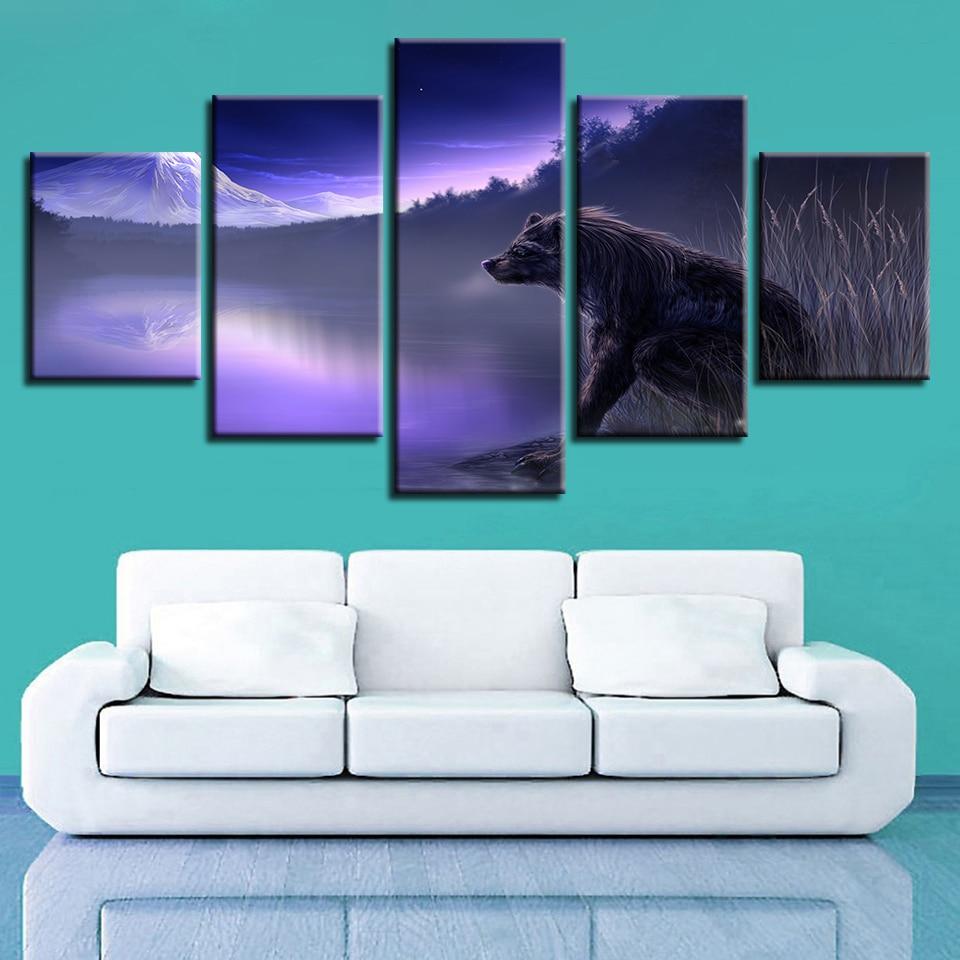Snow Mountain Lake And Animal Wolf Night - Animal 5 Panel Canvas Art Wall Decor Snow Mountain Lake And Animal Wolf Night - Animal 5 Panel Canvas Art Wall Decor
