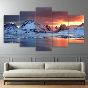 Snow Mountain Sunset Rive - Nature 5 Panel Canvas Art Wall Decor