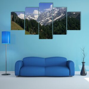 Snow Mountain With Pine Forest - Nature 5 Panel Canvas Art Wall Decor