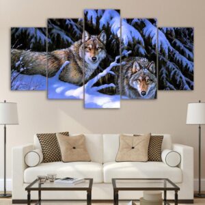 Snow Mountain Wolves Forest - Animal 5 Panel Canvas Art Wall Decor