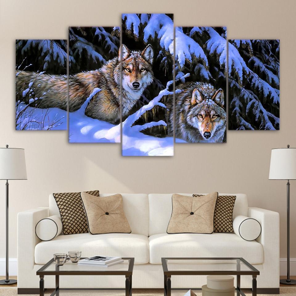 Snow Mountain Wolves Forest - Animal 5 Panel Canvas Art Wall Decor Snow Mountain Wolves Forest - Animal 5 Panel Canvas Art Wall Decor