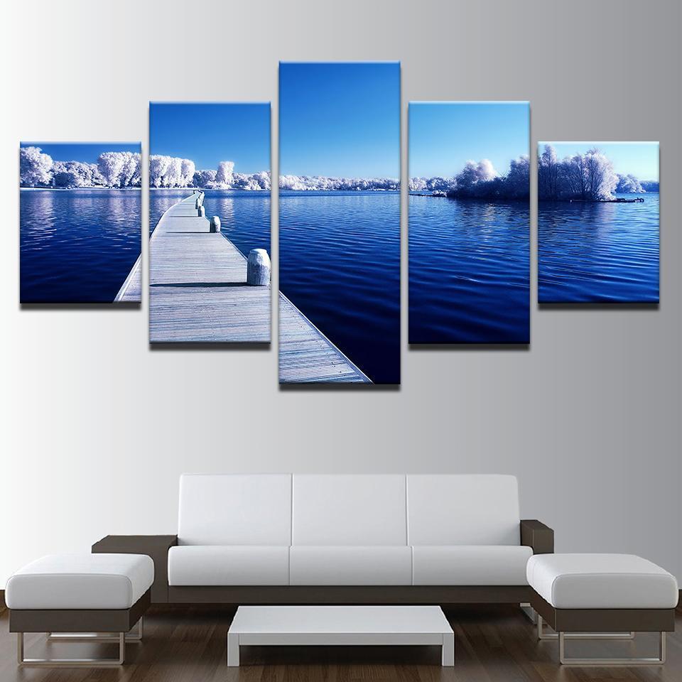Snow Trees Forest Long Bridge Blue Ocean Lake - Nature 5 Panel Canvas Art Wall Decor Snow Trees Forest Long Bridge Blue Ocean Lake - Nature 5 Panel Canvas Art Wall Decor