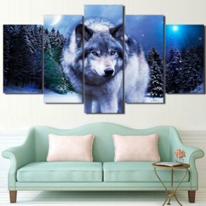 Snow Wolf Moon 21 - Animal 5 Panel Canvas Art Wall Decor