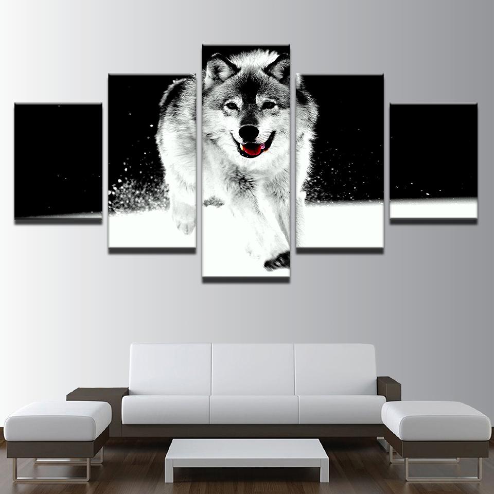 Snow Wolf Running - Animal 5 Panel Canvas Art Wall Decor Snow Wolf Running - Animal 5 Panel Canvas Art Wall Decor