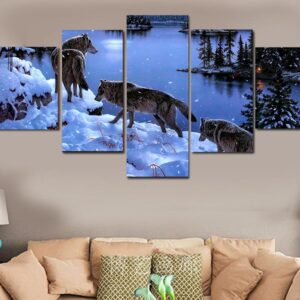 Snow Wolf lake - Animal 5 Panel Canvas Art Wall Decor