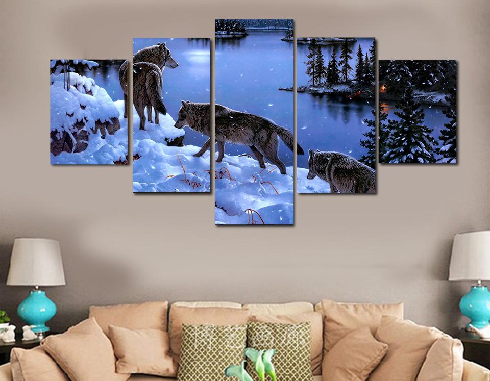 Snow Wolf lake - Animal 5 Panel Canvas Art Wall Decor Snow Wolf lake - Animal 5 Panel Canvas Art Wall Decor