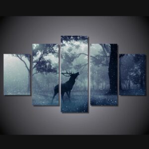 Snow animal deer forest 01 - Animal 5 Panel Canvas Art Wall Decor