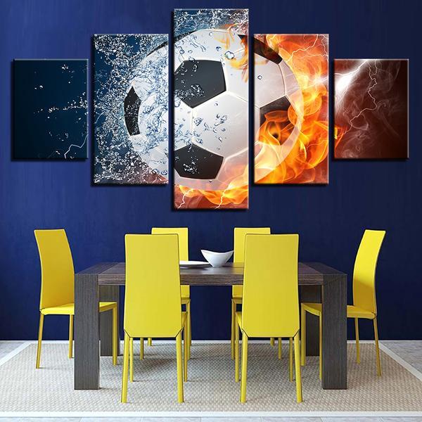 Soccer Ball Splash Fire - Sport 5 Panel Canvas Art Wall Decor Soccer Ball Splash Fire - Sport 5 Panel Canvas Art Wall Decor