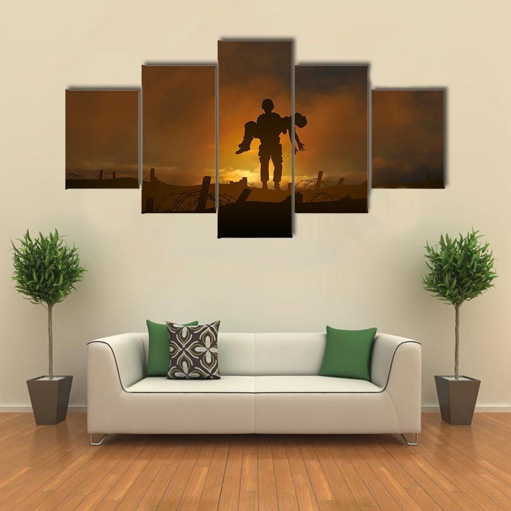Soldier Carrying A Wounded Comrade - Army 5 Panel Canvas Art Wall Decor Soldier Carrying A Wounded Comrade - Army 5 Panel Canvas Art Wall Decor