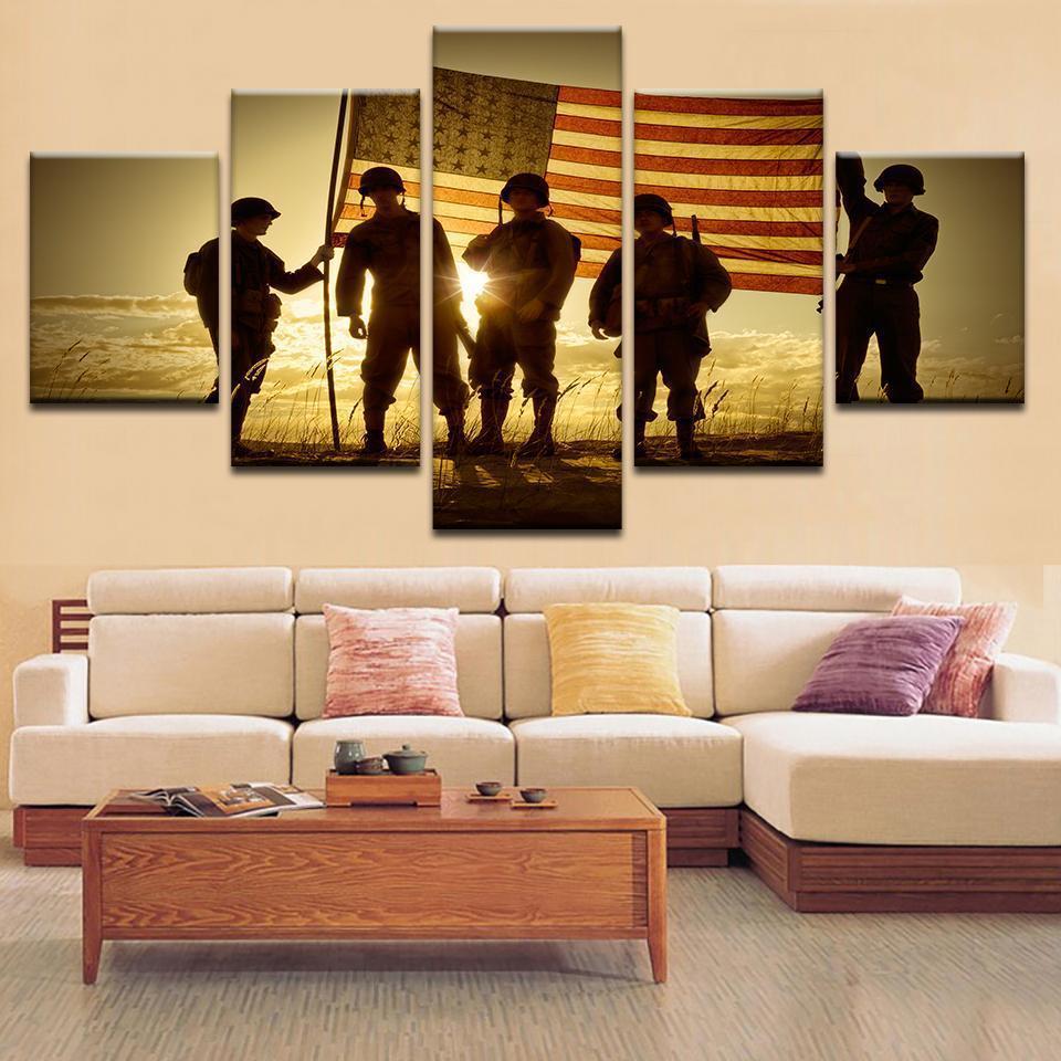 Soldiers Standing In A Flag Draped Sunset Silhouette - Army 5 Panel Canvas Art Wall Decor Soldiers Standing In A Flag Draped Sunset Silhouette - Army 5 Panel Canvas Art Wall Decor