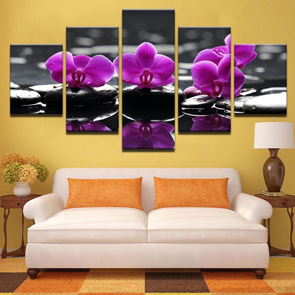 Spa Stones Moth Orchid Flowers - Nature 5 Panel Canvas Art Wall Decor Spa Stones Moth Orchid Flowers - Nature 5 Panel Canvas Art Wall Decor