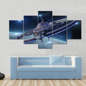 Spaceship With Dome Core And Gravitation Wheel - Space 5 Panel Canvas Art Wall Decor