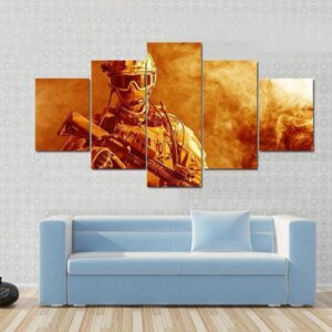 Special Forces Soldier Rifle In The Fire - Gaming 5 Panel Canvas Art Wall Decor