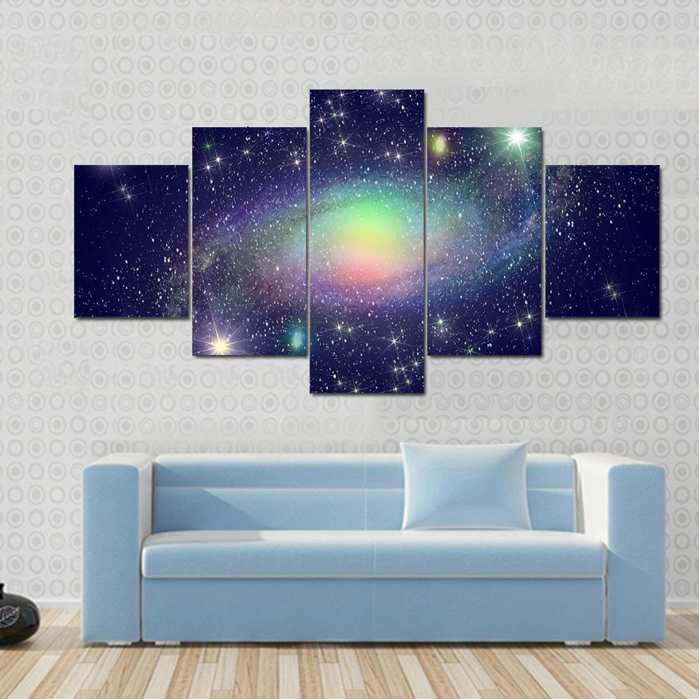 Spiral Galaxy Surrounded By Stars - Space 5 Panel Canvas Art Wall Decor Spiral Galaxy Surrounded By Stars - Space 5 Panel Canvas Art Wall Decor