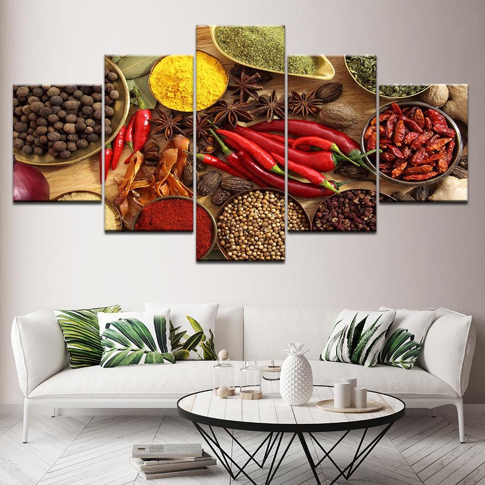 Spoon Grains Spices Peppers Kitchen Theme - Kitchen 5 Panel Canvas Art Wall Decor Spoon Grains Spices Peppers Kitchen Theme - Kitchen 5 Panel Canvas Art Wall Decor