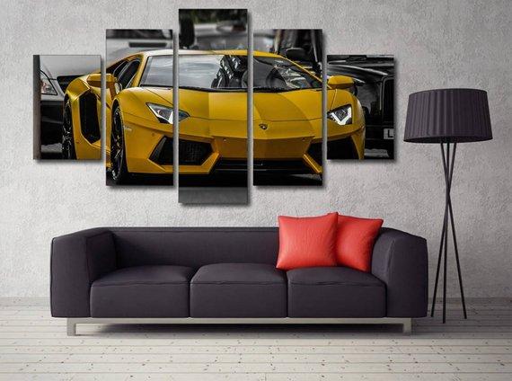 Sports Car Yellow Lamborghini - Automative 5 Panel Canvas Art Wall Decor Sports Car Yellow Lamborghini - Automative 5 Panel Canvas Art Wall Decor