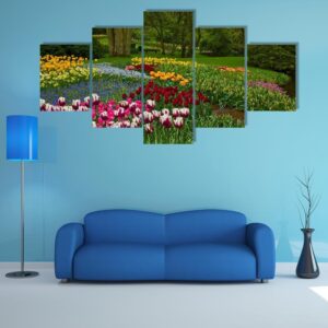 Spring Flowers And Blossom In Dutch Garden Keukenhof - Nature 5 Panel Canvas Art Wall Decor