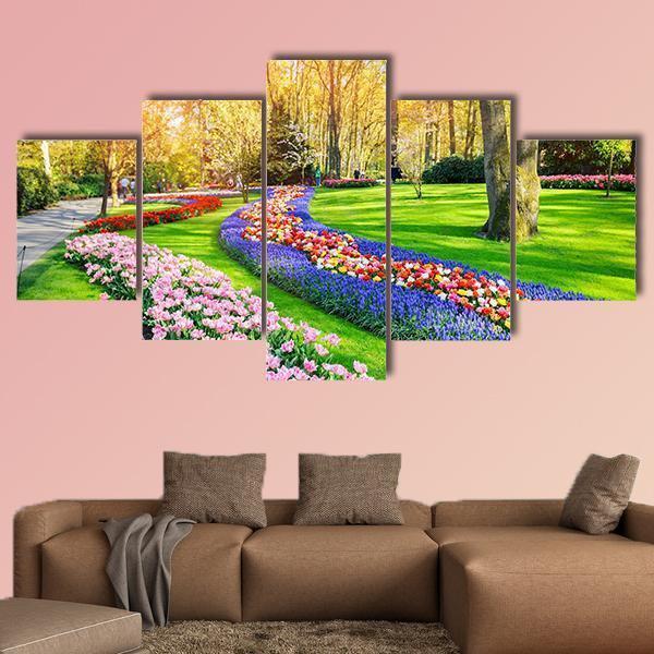 Spring Landscape With Multicolor Tulips - Nature 5 Panel Canvas Art Wall Decor Spring Landscape With Multicolor Tulips - Nature 5 Panel Canvas Art Wall Decor