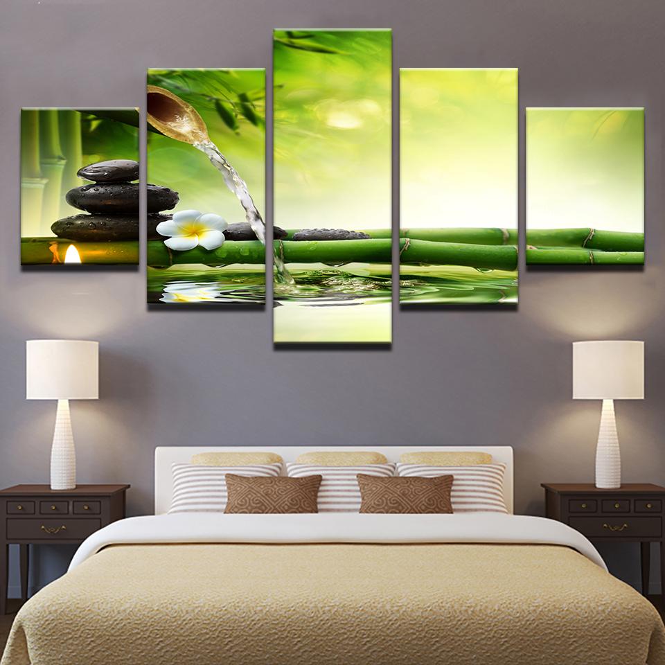 Spring Stone Bamboo Flowing Water - Nature 5 Panel Canvas Art Wall Decor Spring Stone Bamboo Flowing Water - Nature 5 Panel Canvas Art Wall Decor