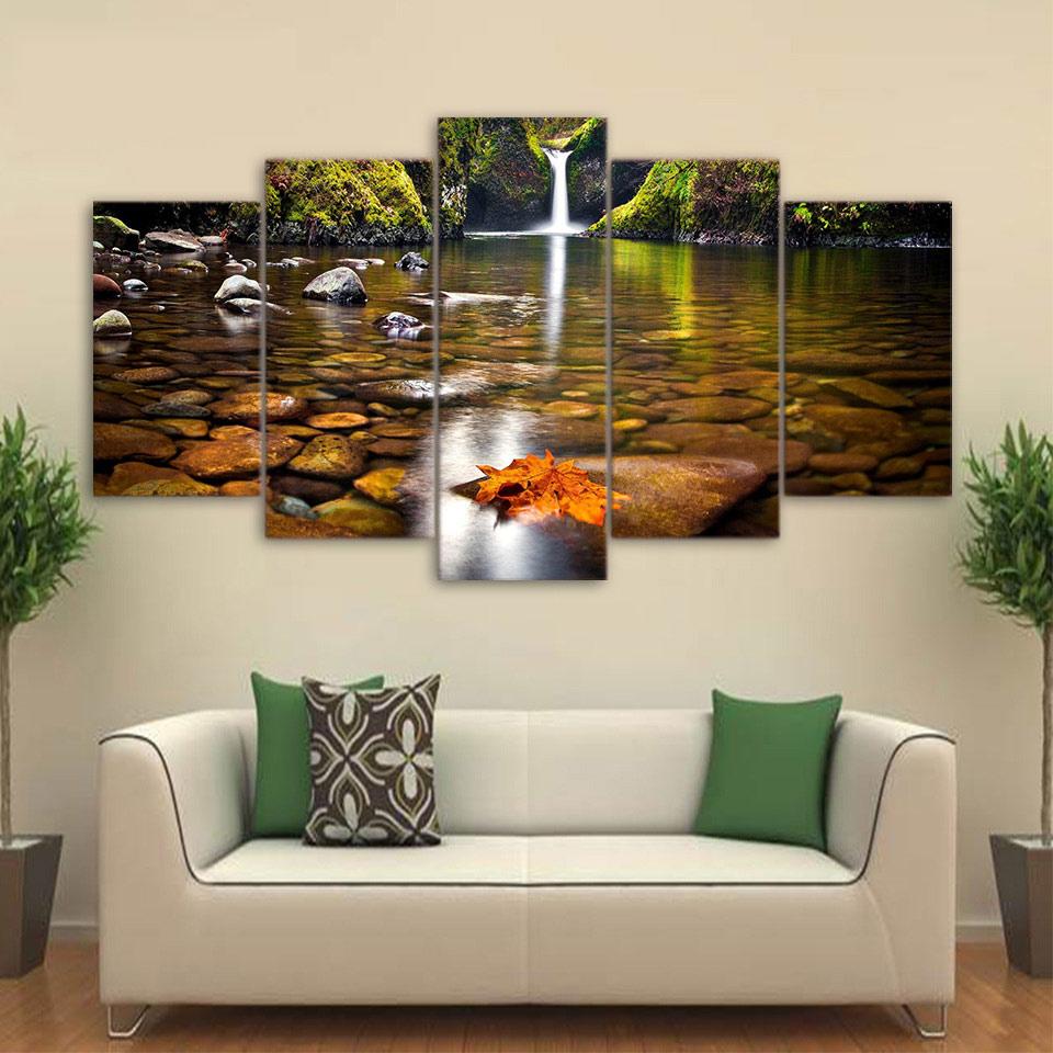 Spring Waterfall - Nature 5 Panel Canvas Art Wall Decor Spring Waterfall - Nature 5 Panel Canvas Art Wall Decor