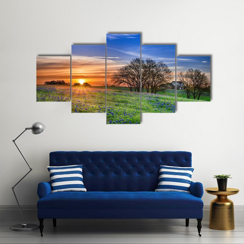 Spring Wildflower Field At Sunrise - Nature 5 Panel Canvas Art Wall Decor Spring Wildflower Field At Sunrise - Nature 5 Panel Canvas Art Wall Decor