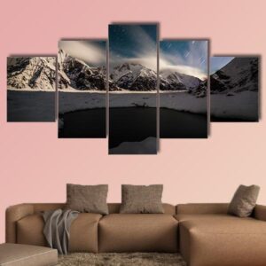 Star Trails And Small Lake With Snow Peaks - Nature 5 Panel Canvas Art Wall Decor