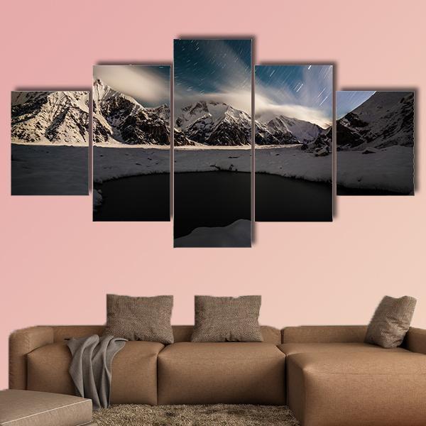Star Trails And Small Lake With Snow Peaks - Nature 5 Panel Canvas Art Wall Decor Star Trails And Small Lake With Snow Peaks - Nature 5 Panel Canvas Art Wall Decor