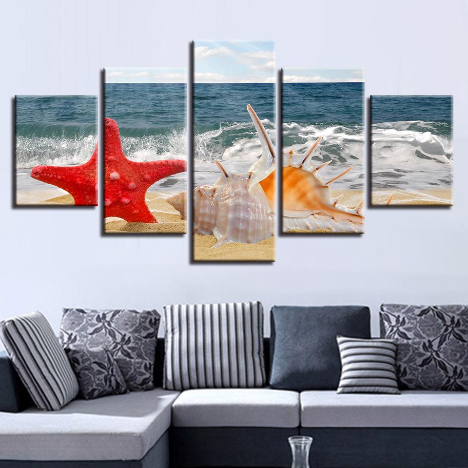 Starfish Conch Beach - Space 5 Panel Canvas Art Wall Decor Starfish Conch Beach - Space 5 Panel Canvas Art Wall Decor