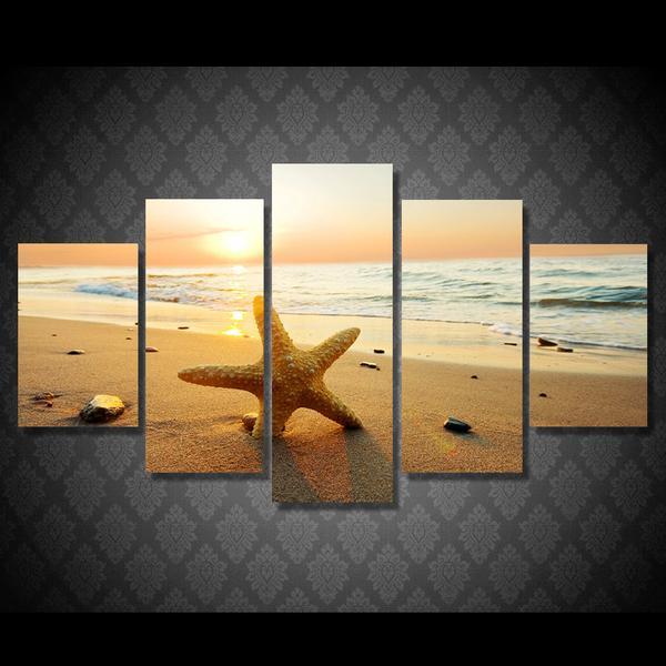 Starfish On Beach Ocean Sea At Sunset 05 - Space 5 Panel Canvas Art Wall Decor Starfish On Beach Ocean Sea At Sunset 05 - Space 5 Panel Canvas Art Wall Decor
