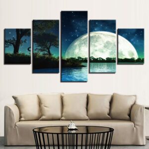 Starry Moon Night Lake Trees Landscape - Nature 5 Panel Canvas Art Wall Decor