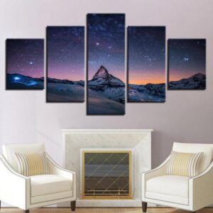 Starry Night Sky Over The Mountains - Nature 5 Panel Canvas Art Wall Decor