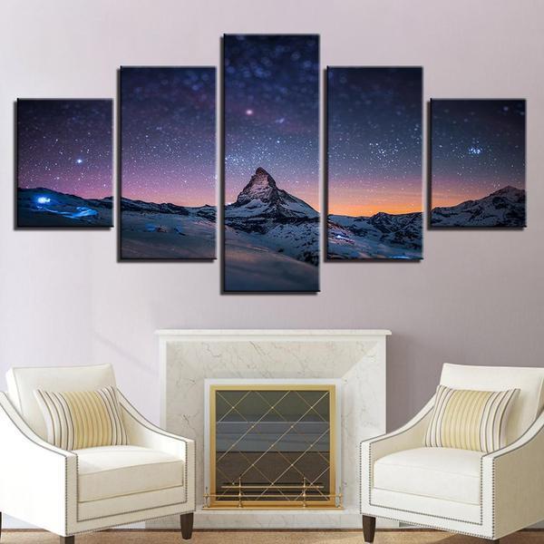 Starry Night Sky Over The Mountains - Nature 5 Panel Canvas Art Wall Decor Starry Night Sky Over The Mountains - Nature 5 Panel Canvas Art Wall Decor