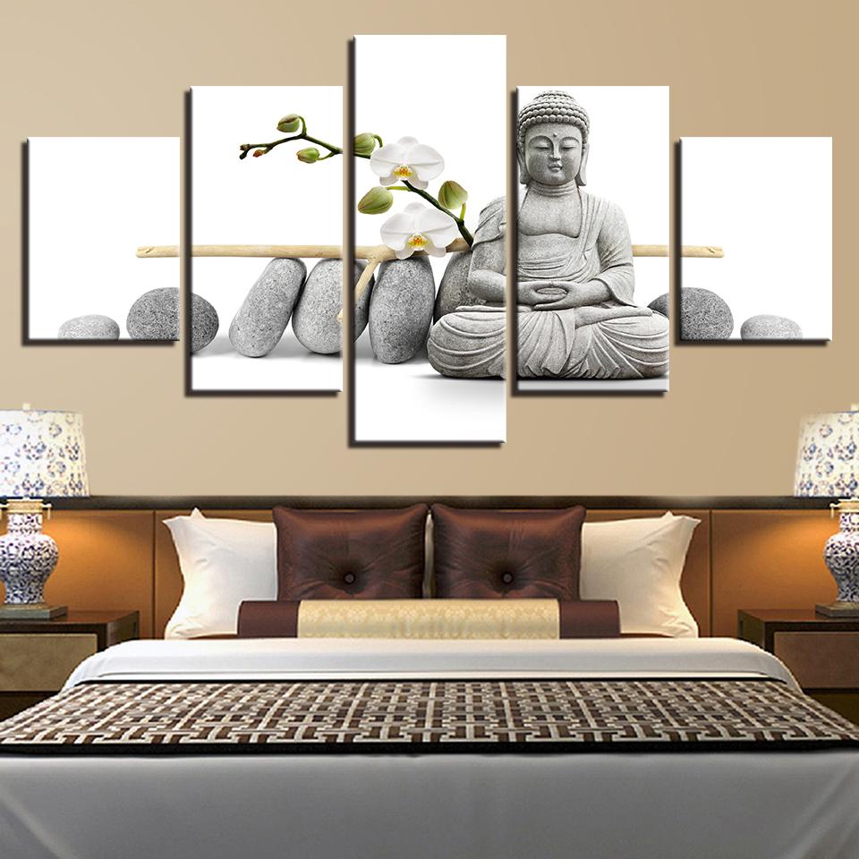 Statue Of Buddha With White Moth Orchid - Religion 5 Panel Canvas Art Wall Decor Statue Of Buddha With White Moth Orchid - Religion 5 Panel Canvas Art Wall Decor