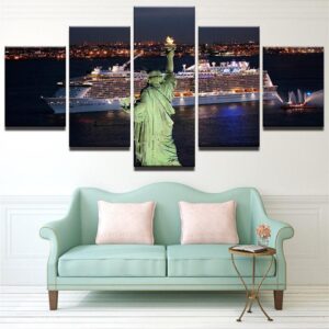 Statue Of Liberty Ship Night View - Nature 5 Panel Canvas Art Wall Decor