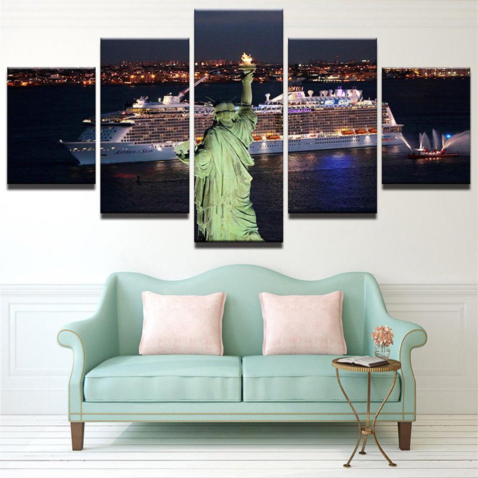 Statue Of Liberty Ship Night View - Nature 5 Panel Canvas Art Wall Decor Statue Of Liberty Ship Night View - Nature 5 Panel Canvas Art Wall Decor