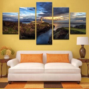 Steep Cliff Lighthouse Sunset - Nature 5 Panel Canvas Art Wall Decor