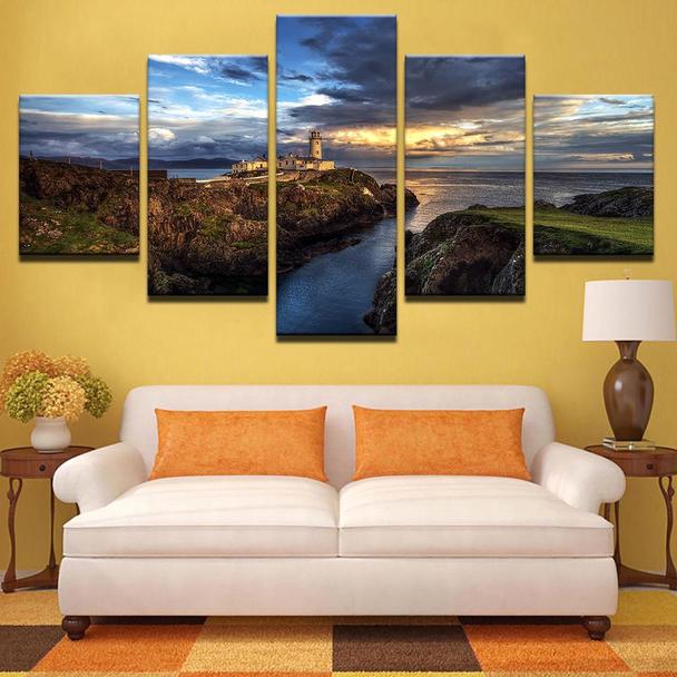 Steep Cliff Lighthouse Sunset - Nature 5 Panel Canvas Art Wall Decor Steep Cliff Lighthouse Sunset - Nature 5 Panel Canvas Art Wall Decor