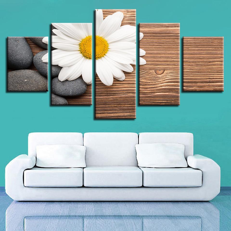 Stone And White Chrysanthemum - Nature 5 Panel Canvas Art Wall Decor Stone And White Chrysanthemum - Nature 5 Panel Canvas Art Wall Decor