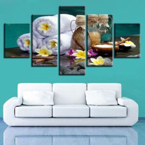 Stone Towel Bottle And Frangipani - Nature 5 Panel Canvas Art Wall Decor
