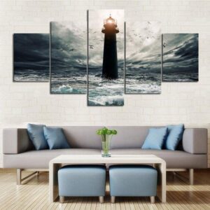 Stormy Lighthouse - Nature 5 Panel Canvas Art Wall Decor
