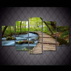 Stream wood bridge forest - Nature 5 Panel Canvas Art Wall Decor