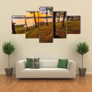 Stunning View Of The Lake In Sunset Time - Nature 5 Panel Canvas Art Wall Decor