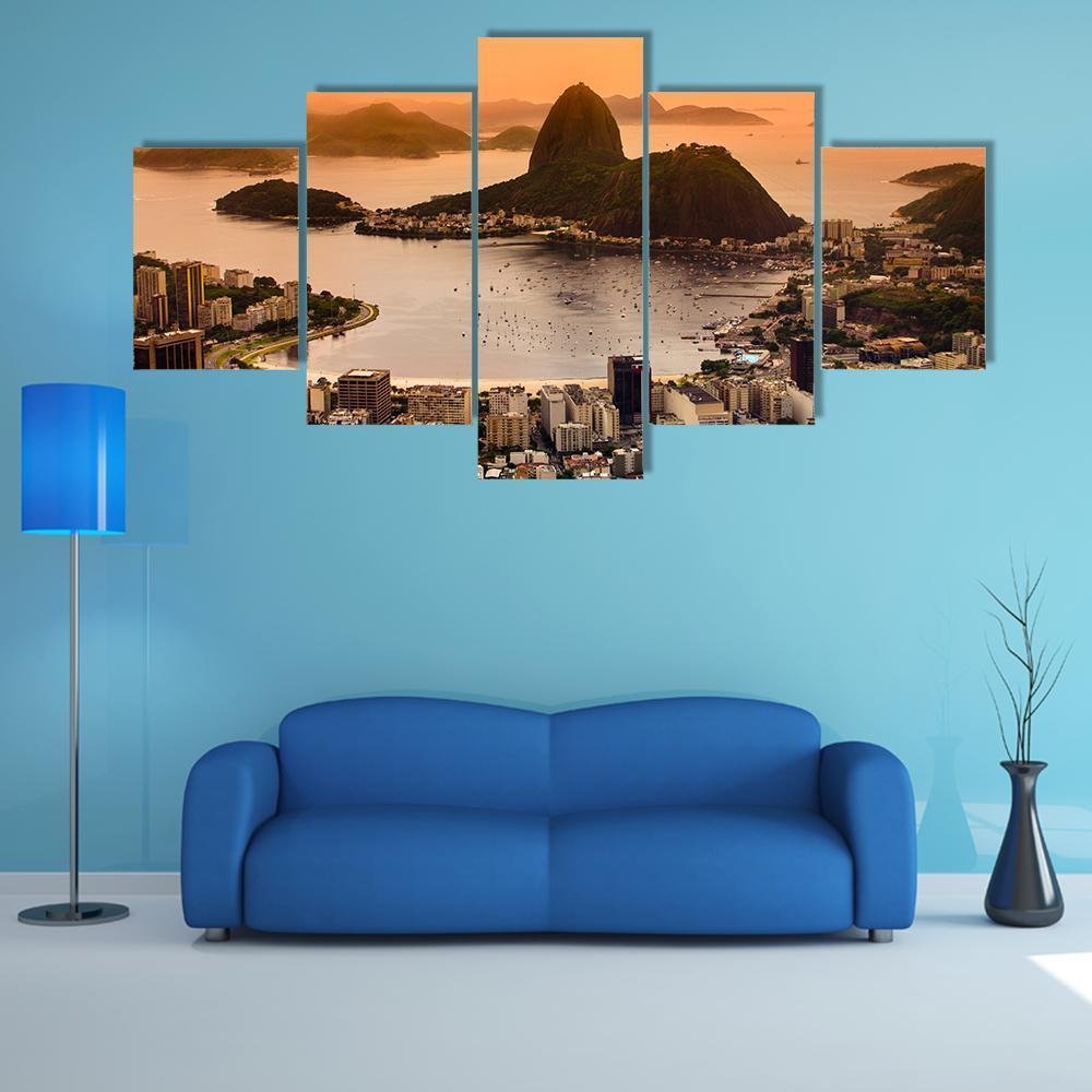 Suggar Loaf And Botafogo Beach At Sunset - Nature 5 Panel Canvas Art Wall Decor Suggar Loaf And Botafogo Beach At Sunset - Nature 5 Panel Canvas Art Wall Decor