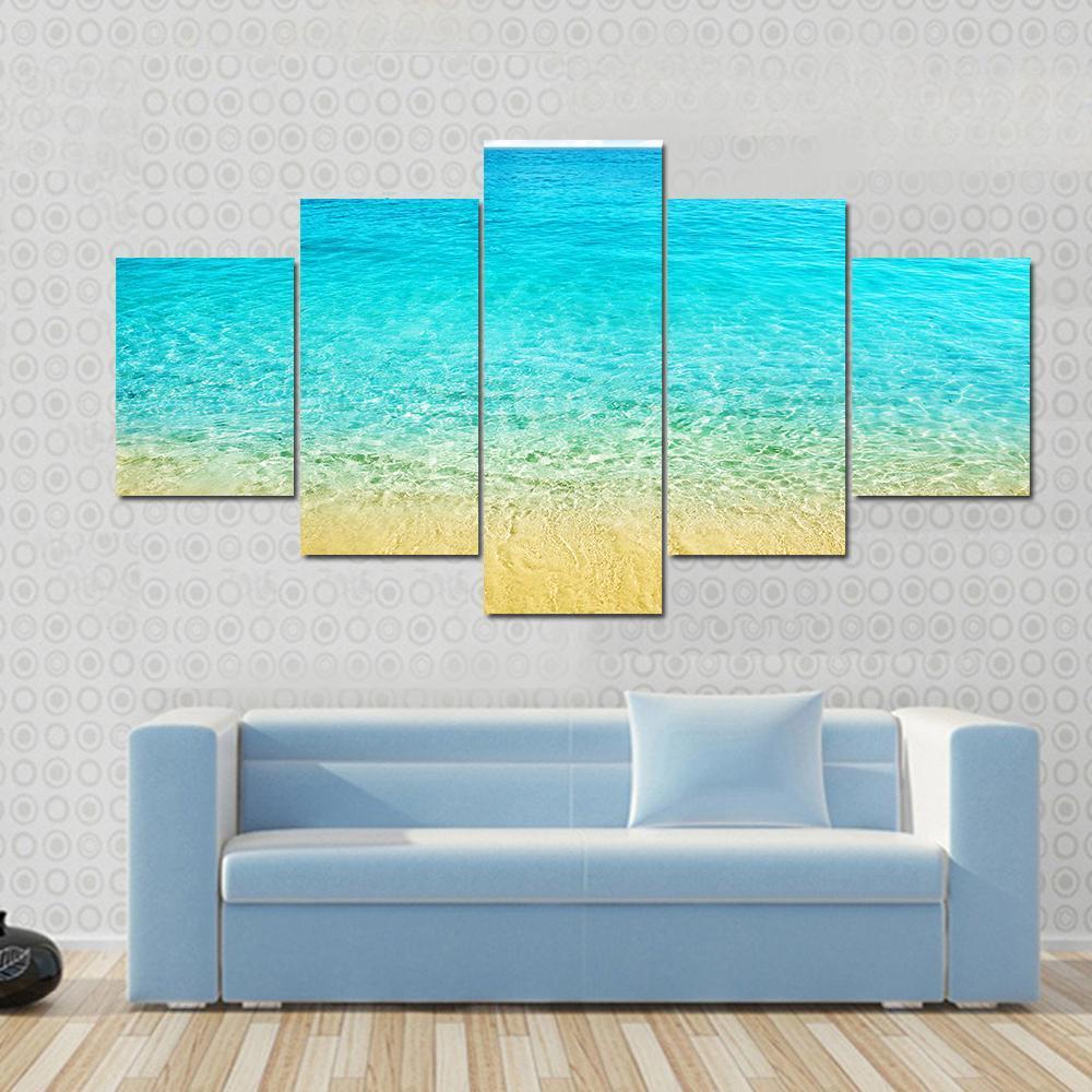 Summer Beach With Clear Water And Blue Cloudy Sky - Nature 5 Panel Canvas Art Wall Decor Summer Beach With Clear Water And Blue Cloudy Sky - Nature 5 Panel Canvas Art Wall Decor