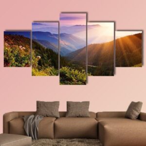Summer Landscape In Mountains With Sun - Nature 5 Panel Canvas Art Wall Decor