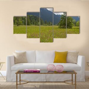 Summer Meadow With Mountain - Nature 5 Panel Canvas Art Wall Decor