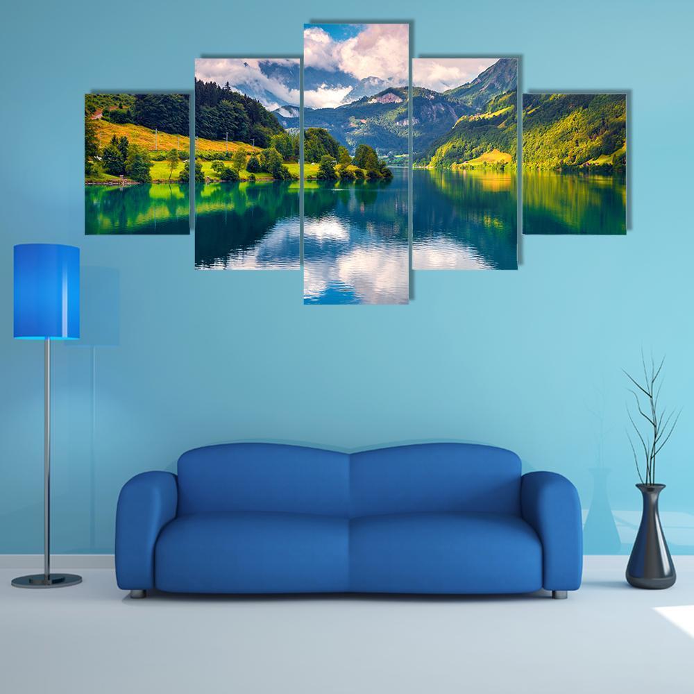 Summer Morning On Lungerersee Lake - Nature 5 Panel Canvas Art Wall Decor Summer Morning On Lungerersee Lake - Nature 5 Panel Canvas Art Wall Decor