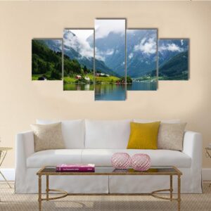 Summer View To Sognefjord And Village In Norway - Nature 5 Panel Canvas Art Wall Decor