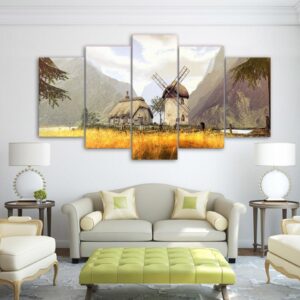 Summer field house windmill - Nature 5 Panel Canvas Art Wall Decor