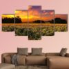Sun Flower Field In Kansas With Sunset - Nature 5 Panel Canvas Art Wall Decor